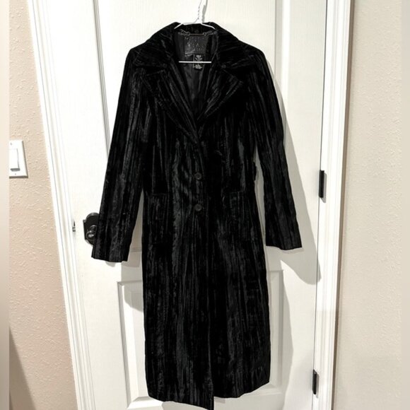 Guess Jeans Glamour Black Crushed Velvet Duster Trench Coat - Picture 1 of 15